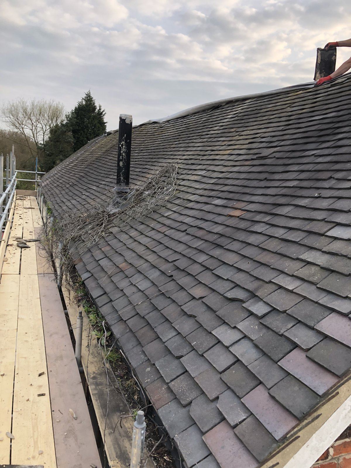 Re-roofed slope seen from the scaffold
