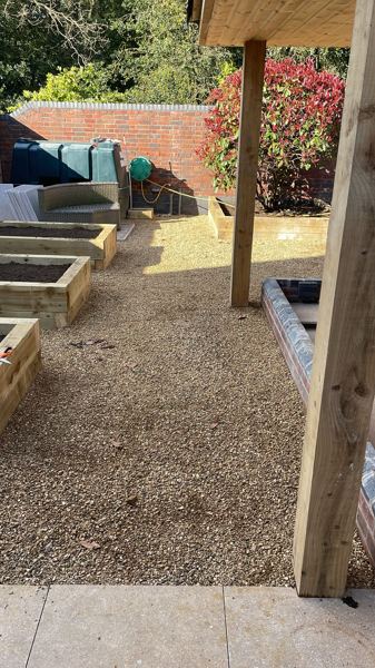 Lichfield garden transformation: sandstone paving, sleeper beds, gravel and hardwood pergola – Staff4dshire Properties