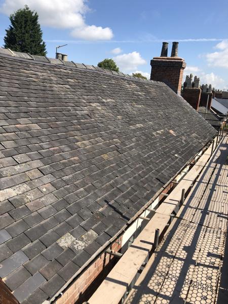 Re-roofed terrace in clay tiles with scaffold access – Staff4dshire Roofing Specialists